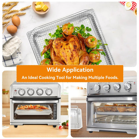Replacement Stainless Steel Air Fryer Tray For Toaster Oven Models TOA-60 TOA-65 TOA-70 with roasted chicken and kitchen setup