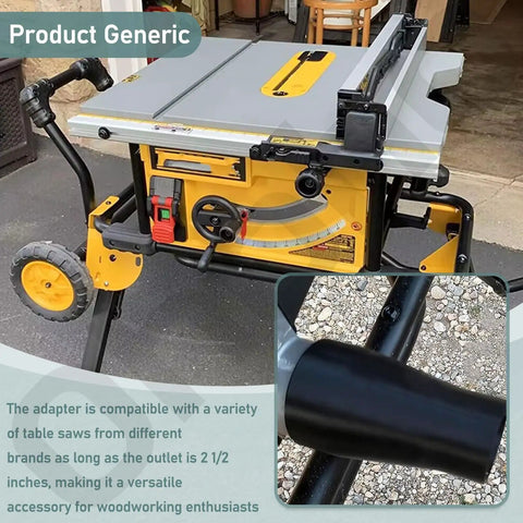 Heavy Duty Table Saw Dust Collection Adapter Two And A Half Inch Outlet Down To One And Seven Eighths Inch Vacuum Hose Universal Fit shown on table saw