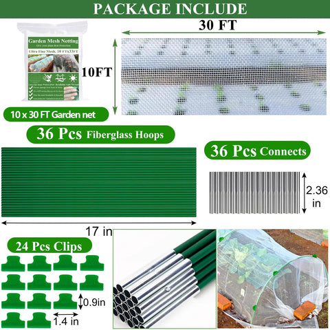 Garden Mesh Netting Kit 10 X 30Ft Ultra Fine Net With 6 Fiberglass Hoops For Raised Beds And Greenhouses Keeps Critters Out And Protects Vegetables, Fruits, And Flowers From Birds, Insects, Pests, And Animals