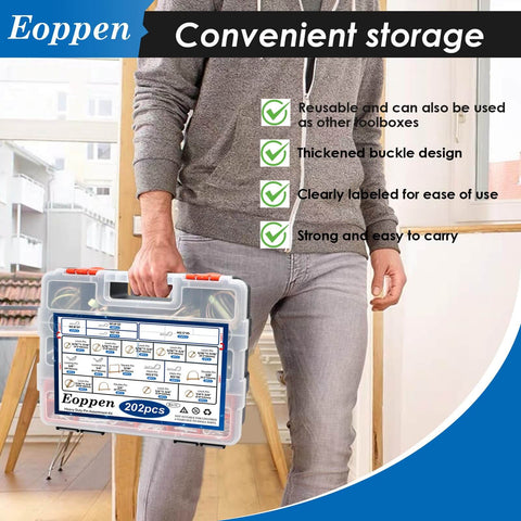 Person holding All In One 202Pcs Hitch Pins Set Assortment Kit showing durable storage case with latch design.