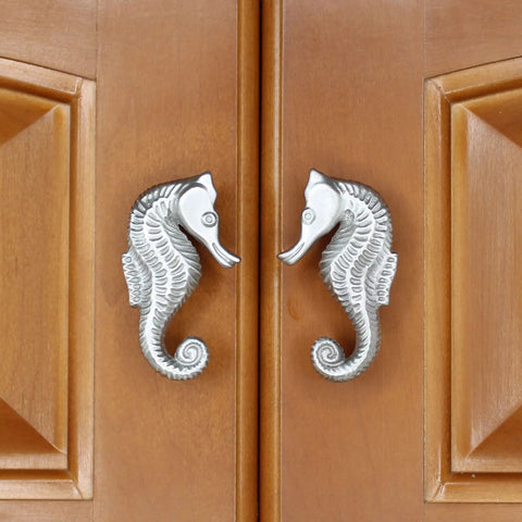 Coastal Seahorse Cabinet Knobs Set In Brushed Nickel Finish Small Matched Pair On Wooden Cabinets