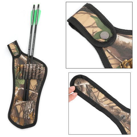 Hip Archery Quiver With Snap On Waist Belt Maple Camo Crossbow Arrow Holder, showing close-up of snap-on belt attachment