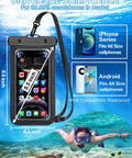 Two Pack Waterproof Phone Pouch Case Black And White IP68 Dry Bag with lanyard, clear window; fits 8.3-inch smartphones; beach setting