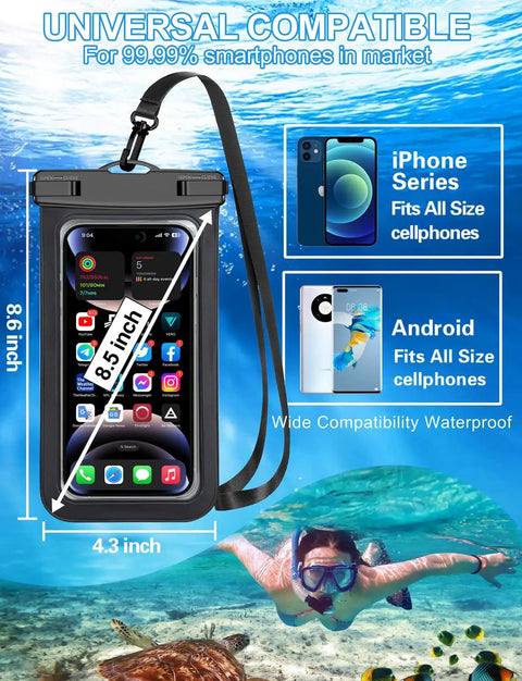 Two Pack Waterproof Phone Pouch Case Black And White IP68 Dry Bag with lanyard, clear window; fits 8.3-inch smartphones; beach setting