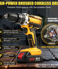 Rugged 21V Cordless Drill Kit Featuring Rechargeable Batteries And Quick Release Keyless Chuck For No Sweat Furniture Assembly And Serious Home Repair Hustle, showcasing its brushed motor and lithium battery.