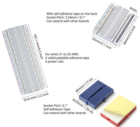 Solderless Prototype Breadboard Kit with 1x830 tie in grid, 2x400 tie points, and 6x170 tie points for DIY prototyping.