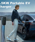 Woman using Tesla Level 1 2 Portable EV Charger With 20Foot Cable 3.5kW Home Charging Station For Models S X 3 Y 110V 240V.