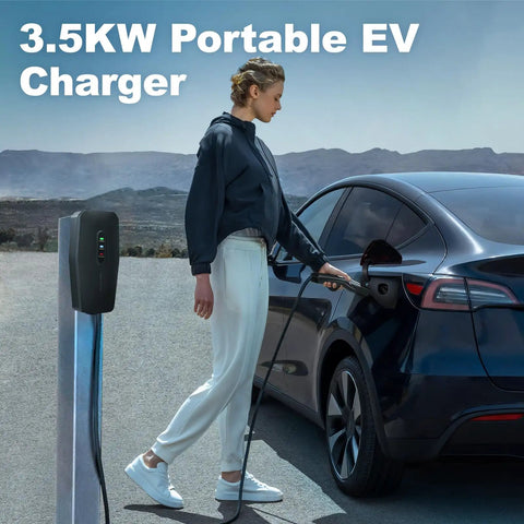 Woman using Tesla Level 1 2 Portable EV Charger With 20Foot Cable 3.5kW Home Charging Station For Models S X 3 Y 110V 240V.
