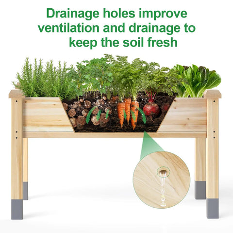 Heavy Duty Raised Garden Bed On Legs 331 Lb Capacity 48 By 24 By 31 Inches Large Planter Box For Vegetables Flowers And Herbs Fir Wood With Reinforced Beam And Column Support Outdoor Garden Bed For Easy Harvest filled with vegetables showing drainage holes