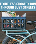 Collapsible Grocery Baskets With Handles 24L Ocean on bike rack, holding groceries, space saving bins that fold flat to 2.25 inches