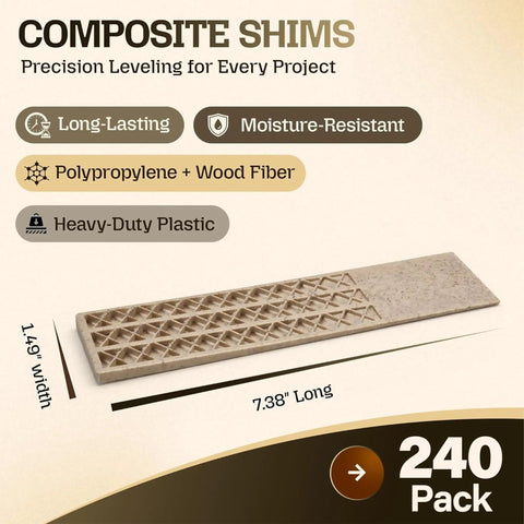 Heavy Duty Composite Wood Shims For Leveling And Spacing Built Tough To Resist Moisture and Warping While Delivering Dead Flat Results Indoors Or Outside with a 7.38 inches long and 1.49 inches wide design.