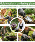 Eight Pairs Breathable Latex Dipped Gardening Gloves for Men and Women in use for gardening tasks in various scenes.