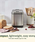Stainless Steel Automatic Bread Maker With 12 Menu Presets 3 Crust Colors And 3 Loaf Sizes Up To 2 Lb on kitchen counter with bread