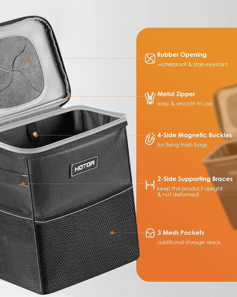 Collapsible Car Trash Bag With Adjustable Headrest Strap, Leakproof Two Gallon Vehicle Organizer showing rubber opening and metal zipper.