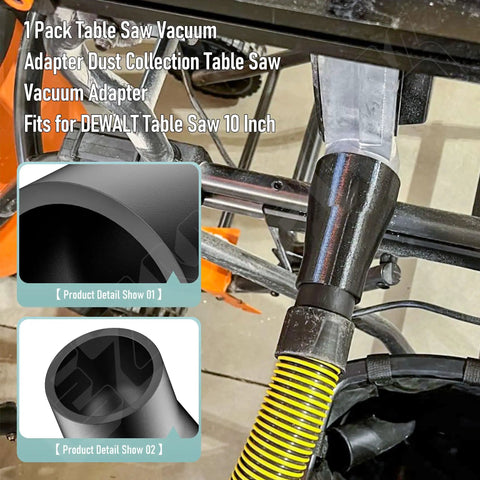 Table Saw Dust Collection Adapter Two And A Half Inch Outlet To One And Seven Eighth Inch Vacuum Hose Connection installed view