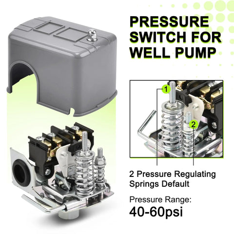 Water Pressure Switch For Well Pump Control 40 To 60 PSI Adjustable Low Pressure Cut Off With One Quarter Inch Female NPT And Double Spring