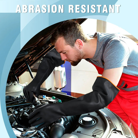 A mechanic uses Long 22 Inch Chemical Resistant Gloves For Tough Jobs Heavy Duty Rubber Waterproof Dishwashing Gloves For Men Forearm Protection Against Strong Acids Alkalis Oils XL Size while working on an engine.