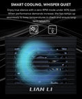 Lian Li PSU showcasing smart cooling technology with fan in motion, related to Platinum 1000W SFX Power Supply With Fully Modular Cables And Fanless Low Noise Mode For A Clean Pro Grade Build ATX 3.1 And PCIE 5.1 Compliance 105C Capacitors 10 Year Warranty Black