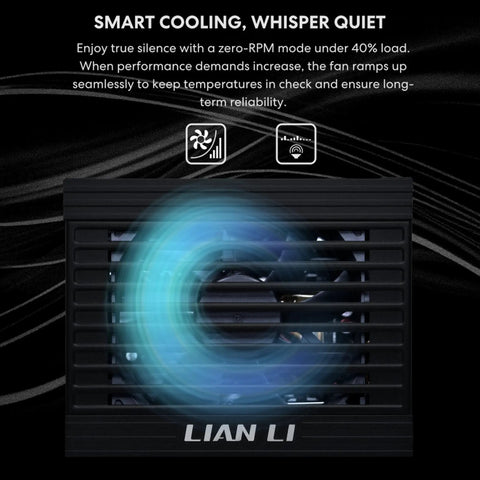 Lian Li PSU showcasing smart cooling technology with fan in motion, related to Platinum 1000W SFX Power Supply With Fully Modular Cables And Fanless Low Noise Mode For A Clean Pro Grade Build ATX 3.1 And PCIE 5.1 Compliance 105C Capacitors 10 Year Warranty Black