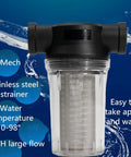 1 Inch 80 Mesh Water Pump Strainer Filter For Heavy Duty High Pressure Washers Sediment Filter Attachment With Transparent Twist On Bowl 1 Inch NPSM Inlet Outlet Stainless Steel Screen Easy Clean Design shown with water background and features listed.