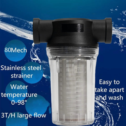 1 Inch 80 Mesh Water Pump Strainer Filter For Heavy Duty High Pressure Washers Sediment Filter Attachment With Transparent Twist On Bowl 1 Inch NPSM Inlet Outlet Stainless Steel Screen Easy Clean Design shown with water background and features listed.