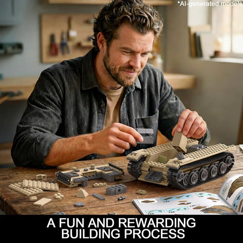 Man assembling Panther Tank WW2 Military Building Set With 937 Pieces Ultra Detailed Collectible German PzKpfw V Army Model Kit