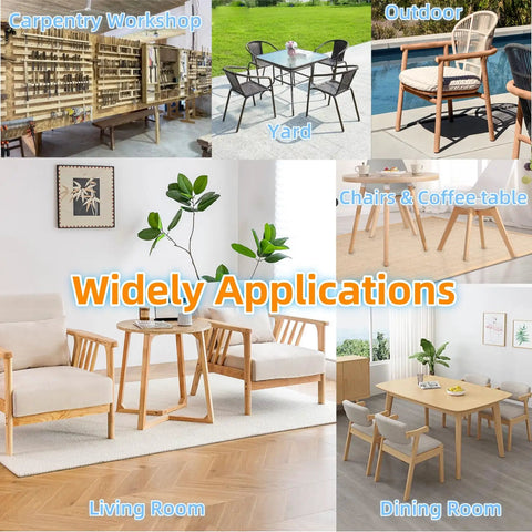 Various furniture settings showcasing nail on furniture glides for chairs and tables, cushioned nickel base, grey, in multiple environments