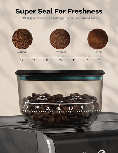 Pro Vibes Espresso Machine With Built In Burr Grinder And Milk Frother, 30 Setting Coffee Maker displaying 30 adjustable grind settings for coffee.