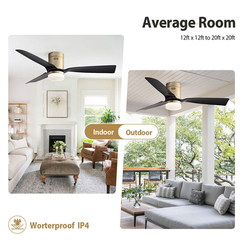 52 Inch Black Ceiling Fan With Lights And Remote, Whisper Quiet 6 Speed DC Motor, Indoor Outdoor Use, Living Room, Patio