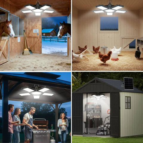 Solid Solar Motion Floodlight Featuring 267 Killer Leds And Tilt Head, used in a barn, shed, and BBQ area.