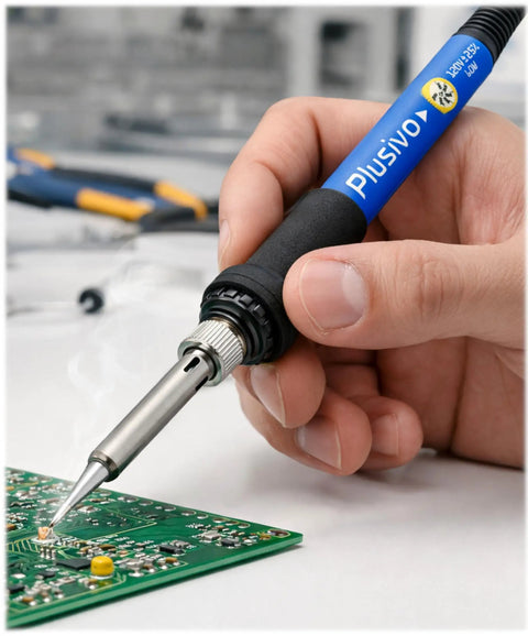 60 Watt Adjustable Temperature Soldering Iron Kit With 5 In 1 Electronics Repair Set in use on circuit board for electronics repair