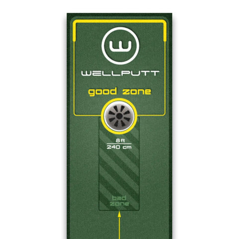 Top view of Golf Putting Training Mat 10 Foot Long With Visual Alignment Aids, showing 8ft measurement and target zones.