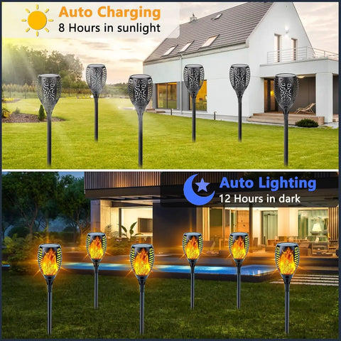 8 Pack Solar Flame Stakes Outdoor Lights With Lit Flickering Fire Effect showing daytime charging and nighttime glow in yard