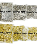 Assorted grommet sizes in silver and gold, labeled 500pcs 12mm, 10mm, 6mm, part of Hand Press Grommet Machine Workhorse With 3000 Grommets And 3 Dies