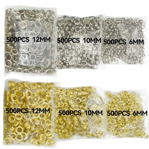 Assorted grommet sizes in silver and gold, labeled 500pcs 12mm, 10mm, 6mm, part of Hand Press Grommet Machine Workhorse With 3000 Grommets And 3 Dies