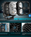 Close-up of LED Pod Light Kit Two Pack 2.8 Inch 20W Square Offroad Lights With 4 LED Hyper Spot Beams, waterproof feature shown