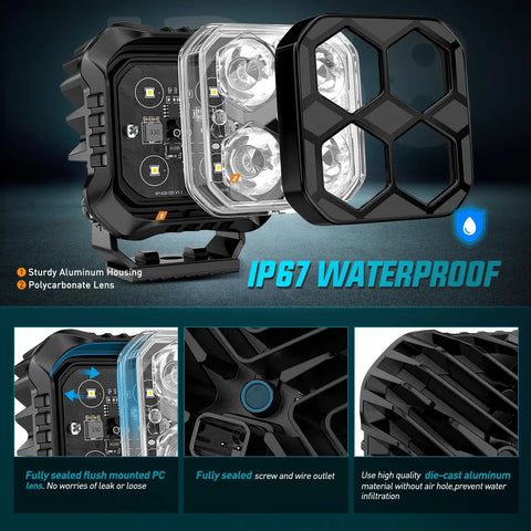 Close-up of LED Pod Light Kit Two Pack 2.8 Inch 20W Square Offroad Lights With 4 LED Hyper Spot Beams, waterproof feature shown