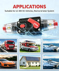 100 Amp Manual Reset DC Circuit Breaker Built Tough For 12V To 48V Systems shown in applications for trucks, boats, RVs, and solar systems.