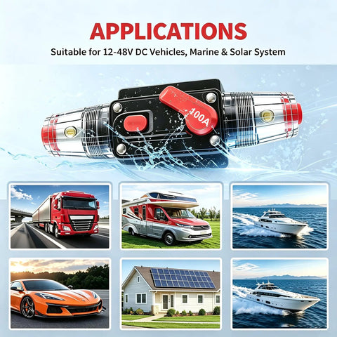 100 Amp Manual Reset DC Circuit Breaker Built Tough For 12V To 48V Systems shown in applications for trucks, boats, RVs, and solar systems.