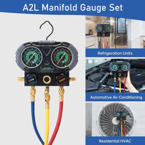 Front view of Lichamp A2L manifold gauge set with 60in refrigerant hoses (blue, yellow, red) and brass fittings