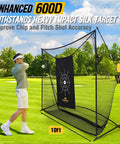 Heavy Duty Golf Practice Net 10x7ft With Noise Reducing Silk Target for backyard, tall net with silk target in use on grass.