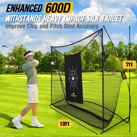 Heavy Duty Golf Practice Net 10x7ft With Noise Reducing Silk Target for backyard, tall net with silk target in use on grass.