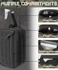 Tactical Toiletry Bag For Men EDC Hygiene Kit With Molle Pouches showcasing compartments, 900D fabric, and MOLLE design.