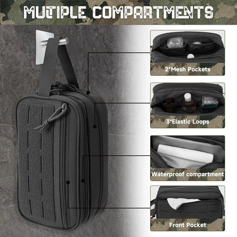 Tactical Toiletry Bag For Men EDC Hygiene Kit With Molle Pouches showcasing compartments, 900D fabric, and MOLLE design.