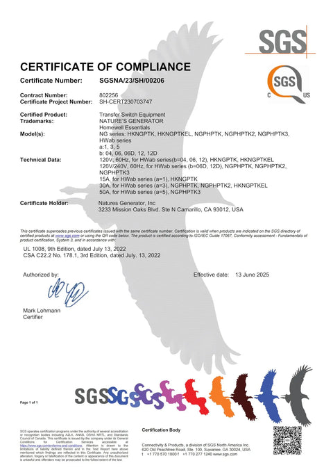 Certificate of Compliance for Manual 50A Power Transfer Switch Kit For Home Backup Power, details and signature visible