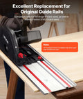 Heavy Duty Track Saw Guide Rail Kit Featuring Four Durable Aluminum Extrusion Bars And Three Secure Snap Lock Connectors cutting through wood.