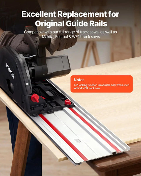 Heavy Duty Track Saw Guide Rail Kit Featuring Four Durable Aluminum Extrusion Bars And Three Secure Snap Lock Connectors cutting through wood.