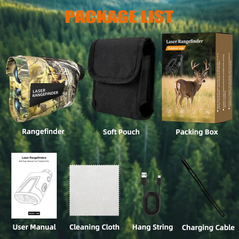 Package contents of Premium Huntin Laser Rangefinder With 1000 Yard Range including rangefinder, pouch, box, manual, cloth, cable
