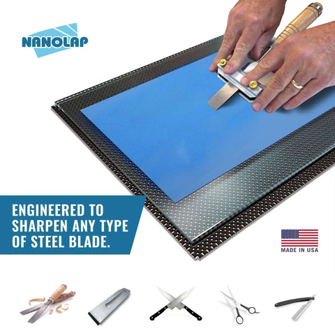 Person sharpening a blade on a PSA Lapping Film Pack Workhorse Seven Sheets 8.5 x 11 Inches Microfinishing Sanding Paper With Pressure Sensitive Adhesive Aluminum Oxide AO For Scary Sharp Sharpening System Waterproof Washable USA Made Polishing Paper.