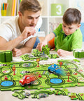 Father and son assembling 56 Piece Jigsaw Race Track Car Set for Toddlers and Kids Ages 2 3 4 5 6 Colorful City Theme Puzzle Tracks